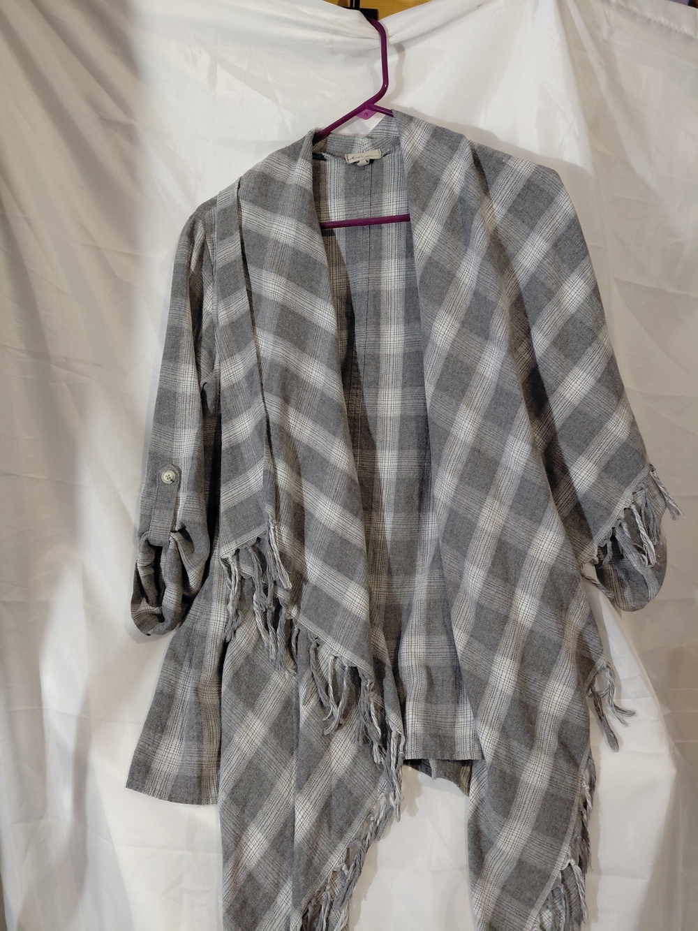 Gray Plaid Open-Front Fringe Shawl Cardigan